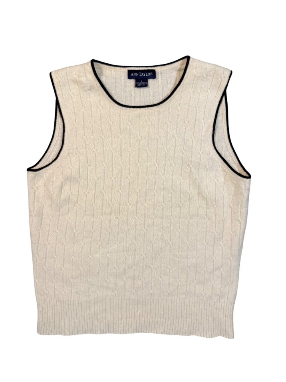 Ann Taylor Cashmere Cable Knit Sleeveless Round Neck Sweater Vest Ivory S